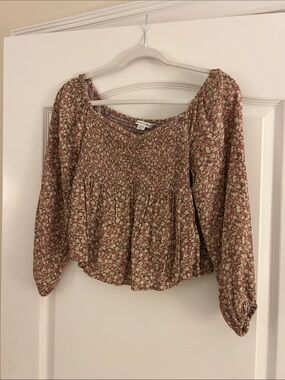 American Eagle Outfitters Dusty Rose Floral Smocked Peasant Top